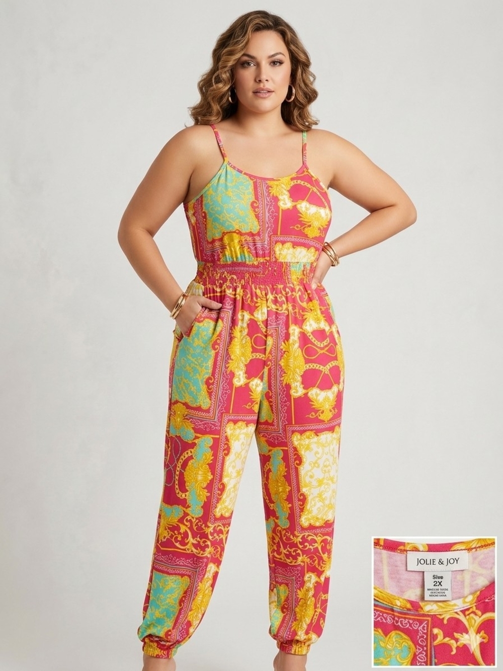 Jolie & Joy Baroque Patchwork Cami Jumpsuit Plus Size 2X Pink Yellow Jogger Hem